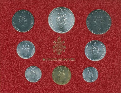 Vatikan 1970 Kursmünzen Papst Paul VI., im Blister, 1 - 500 Lire, st, (m5435)