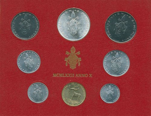 Vatikan 1972 Kursmünzen Papst Paul VI., im Blister, 1 - 500 Lire, st, (m5437)