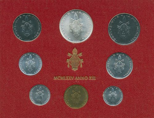 Vatikan 1975 Kursmünzen Papst Paul VI., im Blister, 1 - 500 Lire, st, (m5439)