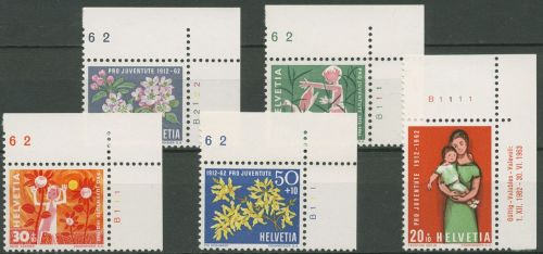 Schweiz 1962 Pro Juventute Kind Pflanzen 758/62 Ecke mit Bogennummer postfrisch
