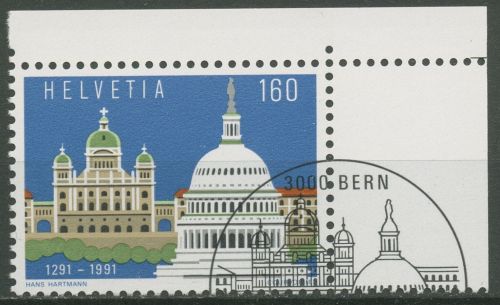 Schweiz 1991 Eidgenossenschaft Verbindungen zu USA Bauwerke 1442 Ecke gestempelt