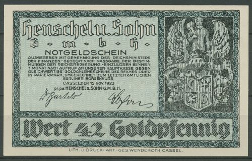 Kassel Henschel 42 Goldpfennig 1923, Brendel 93 kassenfrisch (K796)