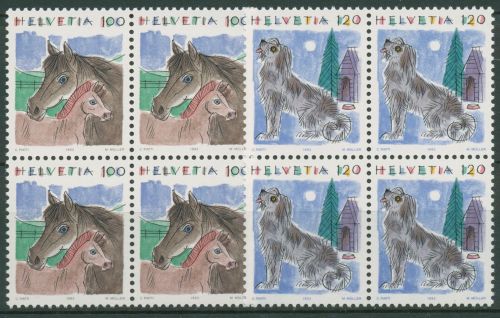 Schweiz 1993 Tiere Pferde Hunde 1491/92 4er-Block postfrisch