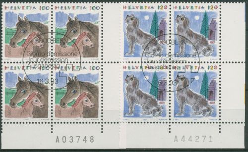 Schweiz 1993 Tiere Pferde Hunde 1491/92 4er-Block mit Bogennummer gestempelt