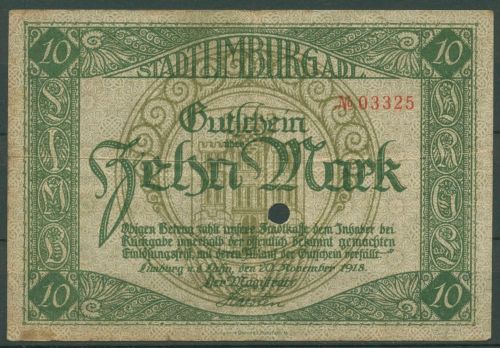 Limburg a.d. Lahn 10 Mark 1918, Geiger 320.02 entwertet (K809)