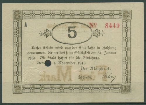 Hersfeld 5 Mark 1918 mit Prägestempel, Geiger 231.04 a, entwertet (K811)