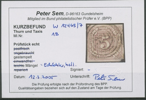 Thurn und Taxis 1859/61 5 Silbergroschen 18 gestempelt geprüft Befund, Eckfehler