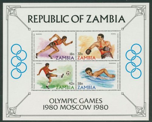 Sambia 1980 Olymp. Spiele Moskau Boxen Schwimmen Block 9 postfrisch (C27106)