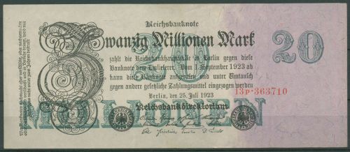 Dt. Reich 20 Mio Mark 1923, Firmendruck, Ro 96 b leicht gebraucht (K869)