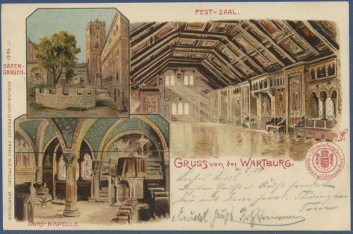 Eisenach Gruss von der Wartburg Festsaal Burg-Kapelle, gelaufen 1901 (AK972)