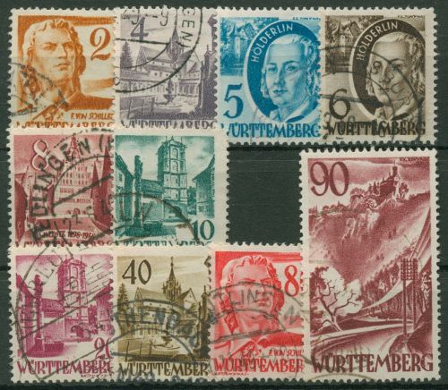 Französische Zone: Württemberg 1948/49 Persönlichk./Ansichten 28/37 gestempelt