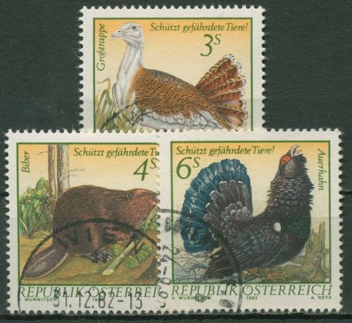 Österreich 1982 Tiere Wildtiere Großtrappe Biber Auerhahn 1717/19 gestempelt