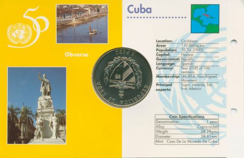 Kuba 1 Peso 1995, 50 Jahre Vereinte Nationen, KM 523, st (m5744)