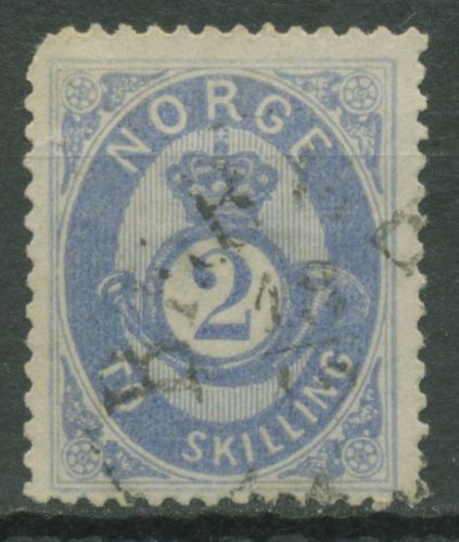 Norwegen 1872/75 Posthorn a. schraffiertem Grund 2 Sk., 17 a gestempelt, Fehler