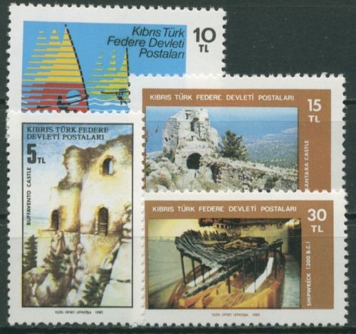 Türkisch-Zypern 1982 Tourismus: Schiffswrack, Windsurfen, Burg 116/19 postfrisch