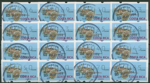 Costa Rica 1993 Automatenmarken Satz 16 Werte, ATM 1 S2 gestempelt