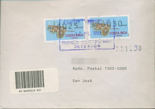 Costa Rica 1993 Automatenmarken Einschreibebrief ATM 1 FDC (X80232)