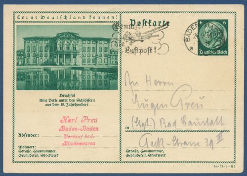 Dt. Reich 1934 Bildpostkarte Bruchsaal Schloß P 233 gebraucht (X40675)