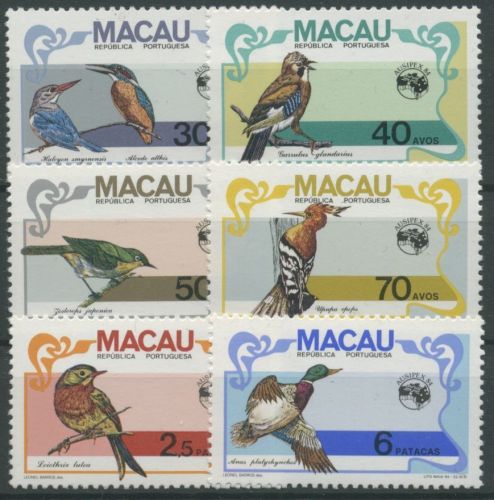 Macau 1984 AUSIPEX Vögel Eisvogel Wiedehopf Eichelhäher 522/27 postfrisch