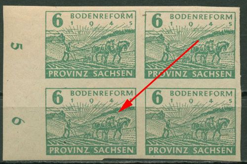 SBZ Provinz Sachsen 1945 Bodenreform Plattenfehler 85 wa II 4er-Block postfrisch