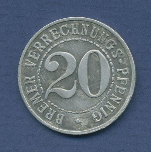 Bremen 20 Verrechnungs-Pfennig 1924, J N43 sehr schön (m6243)