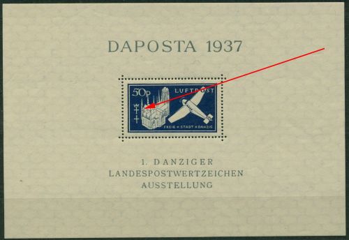 Danzig 1937 DAPOSTA mit Plattenfehler Block 2 b IV mit Falz, Marke postfrisch