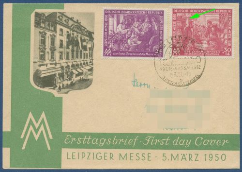 DDR 1950 Leipziger Messe Plattenfehler 249 F 24 auf Ersttagsbrief FDC (X40885)