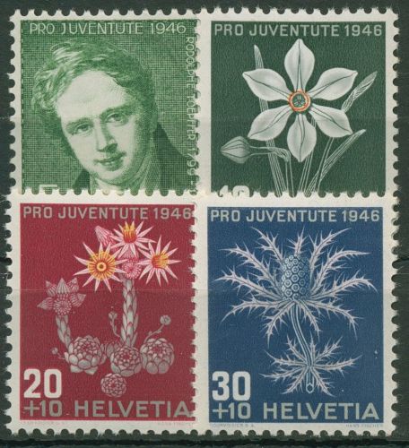 Schweiz 1946 Pro Juventute: Rodolphe Töpffer u. Alpenblumen IV 475/78 postfrisch