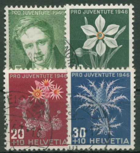 Schweiz 1946 Pro Juventute: Rodolphe Töpffer u. Alpenblumen IV 475/78 gestempelt