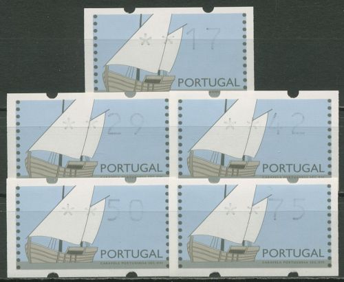 Portugal ATM 1992 Segelschiffe Satz 5 Werte 17/29/42/50/75 ATM 5 S postfrisch