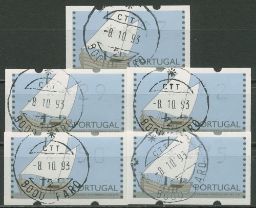 Portugal ATM 1992 Segelschiffe Satz 5 Werte 17/29/42/50/75 ATM 5 S gestempelt