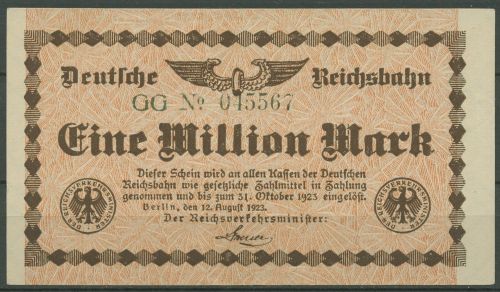 Deutsche Reichsbahn Berlin 1 Mio Mark 1923 Serie GG, fast kassenfrisch (K885)