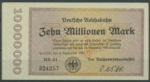Deutsche Reichsbahn Berlin 10 Mio Mark 1923, Serie HR, fast kassenfrisch (K906)