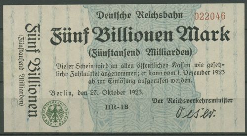 Deutsche Reichsbahn Berlin 5 Billionen Mark 1923, kassenfrisch (K929)