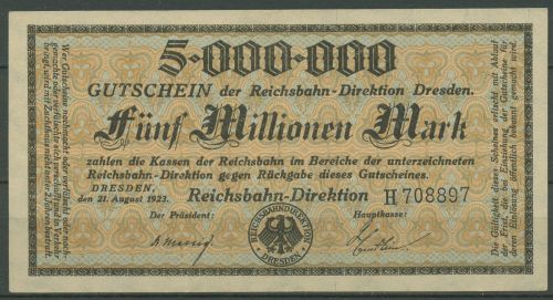 Deutsche Reichsbahn Dresden 5 Mio Mark 1923 Serie H, leicht gebraucht (K937)