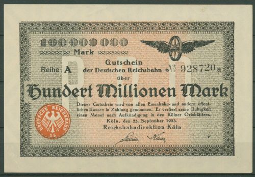 Deutsche Reichsbahn Köln 100 Millionen Mark 1923, kassenfrisch (K941)
