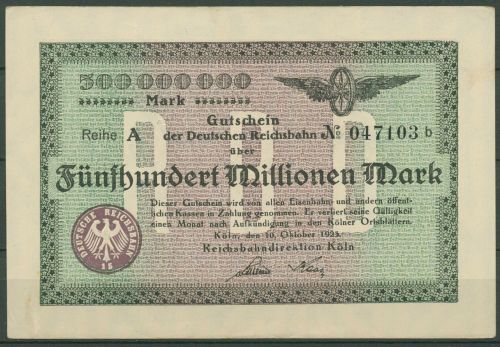 Deutsche Reichsbahn Köln 500 Millionen Mark 1923, fast kassenfrisch (K942)