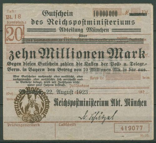 Deutsche Reichspost RPM München 10 Millionen Mark 1923, gebraucht (K950)