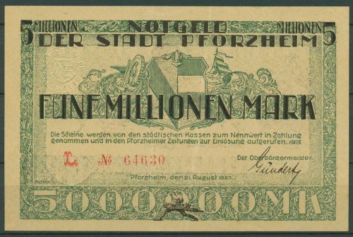 Pforzheim 5 Millionen Mark 1923, Keller 4292 f, leicht gebraucht (K952)