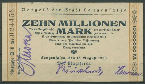 Langensalza 10 Millionen Mark 1923, Keller 2904 f, gebraucht (K953)