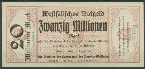 Westfalen Münster 20 Mio Mark 1923 Serie A, Keller 5582 a, gebraucht (K954)