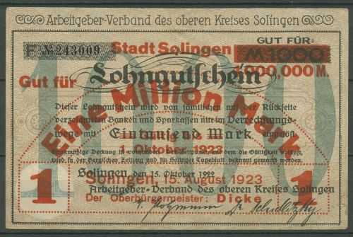 Solingen 1 Million Mark 1923, Keller 4809 f, gebraucht (K956)