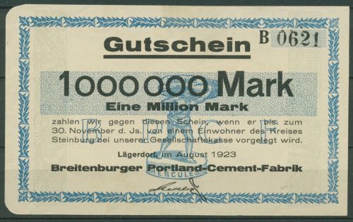 Lägerdorf Portland-Zement 1 Mio Mark 1923, Keller 2865 d, leicht gebraucht (K957)