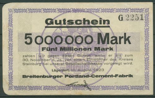 Lägerdorf Portland-Zement 5 Mio Mark 1923, Keller 2865 d, gebraucht (K958)