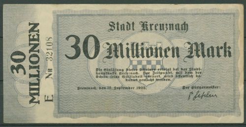 Kreuznach 30 Mio Mark 1923, WZ Wellen, Keller 2812 h, gebraucht (K962)