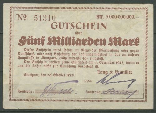 Stuttgart Lang & Bumiller 5 Milliarden Mark 1923, Keller 4924, gebraucht (K967)