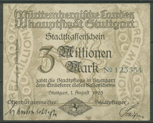 Stuttgart 3 Millionen Mark 1923, Keller 4922 b, gebraucht (K969)