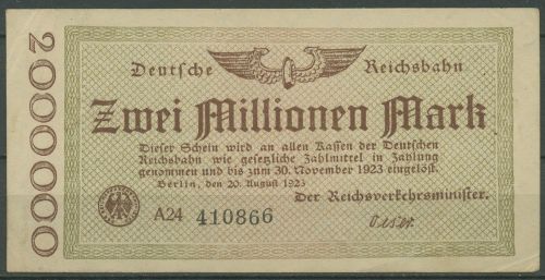 Deutsche Reichsbahn Berlin 2 Mio Mark 1923, Serie A, leicht gebraucht (K886)