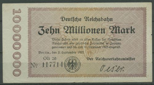 Deutsche Reichsbahn Berlin 10 Mio Mark 1923, Serie OB, gebraucht (K908)