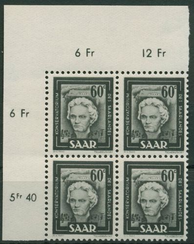 Saarland 1949 Freimarke Beethoven 273 4er-Block Ecke 1 postfrisch